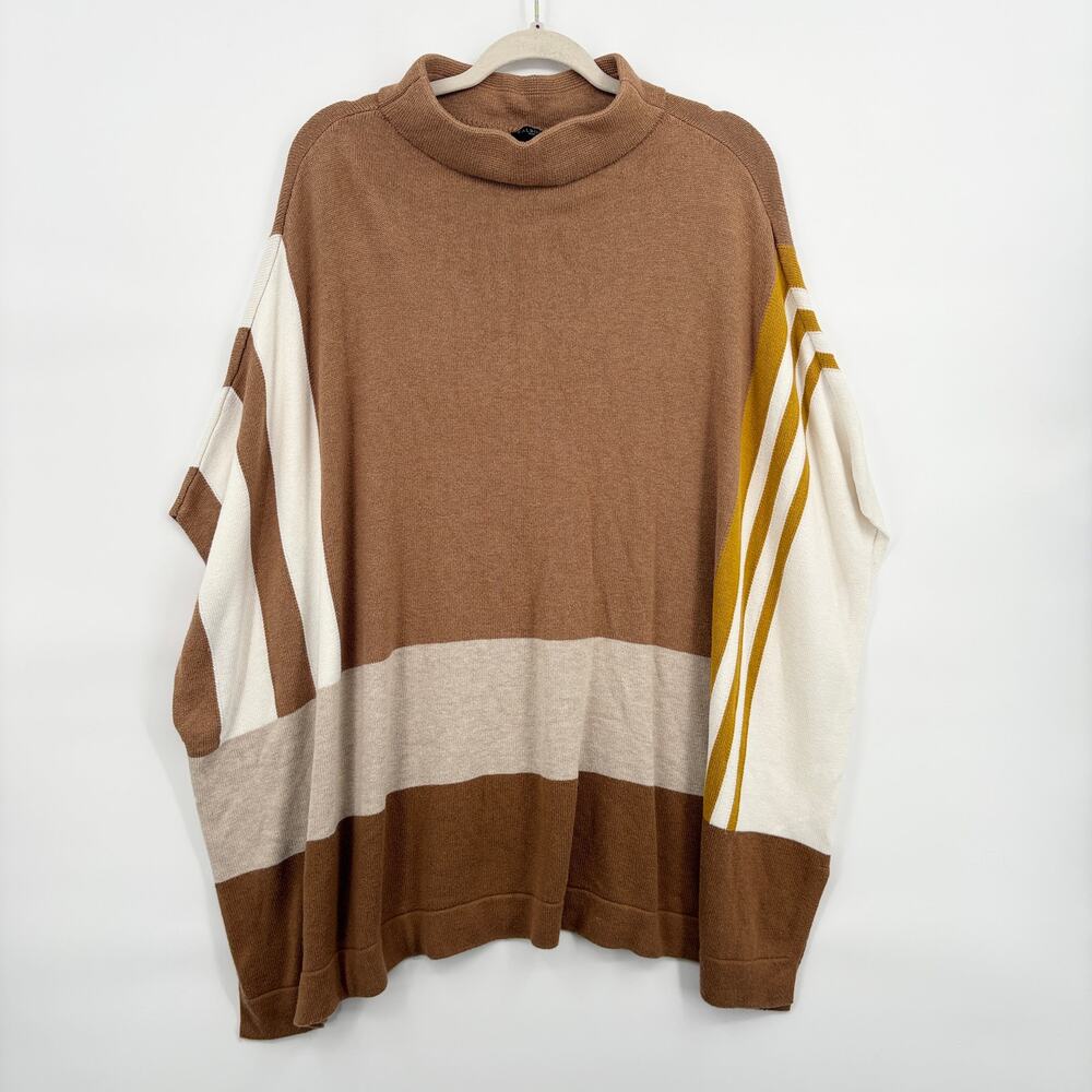 Talbots Plus Size 1X Color Block Poncho Sleeve Sweater Mock Neck Tunic Neutral